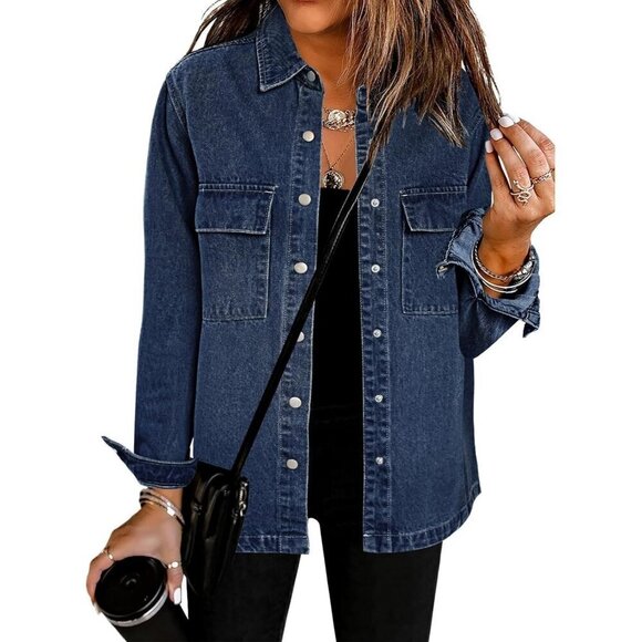 Women Fashion Oversized Button Down Denim Western Shacket Jacket with Pockets - Picture 1 of 9